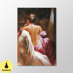 nude woman canvas wall art, naked model art print, women with pink blouse painting, bedroom decoration, wall decoration