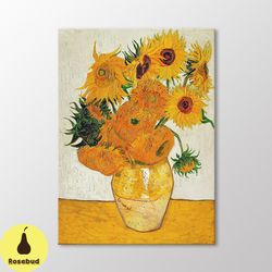 vase with twelve sunflowers by van gogh canvas wall art, impressionist floral painting, vintage teal gold flower art pr