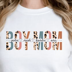 custom boy mom sweatshirt with kids names, leopard print personalized boy mom shirt, custom names mom sweatshirt, gift f