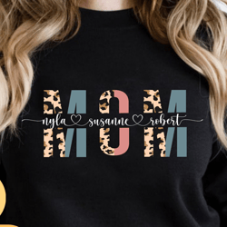 custom mom sweatshirt with kids names, leopard print personalized mom sweater, mothers day shirt, custom names mom sweat