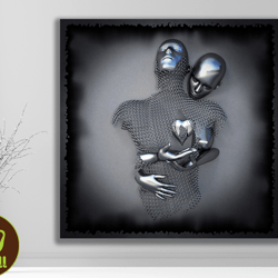 love heart canvas framed wall art, hugging couple wall decor, 3d look wall art, chain style glitter embroidered sexy ar