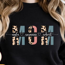 custom mom sweatshirt with kids names, leopard print personalized mom sweater, mothers day shirt, custom names mom sweat