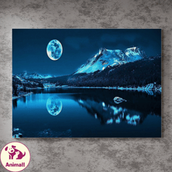 Blue Night Mountains Lake And Moon,Night Landscape Art,Mountain Reflection,Nature Painting,Celestial Decor,Serene Scener