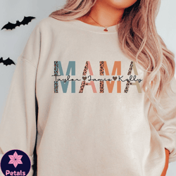 custom mama sweatshirt, mom sweatshirt with kids names, leopard print mama sweatshirt, personalized mama sweater ls023