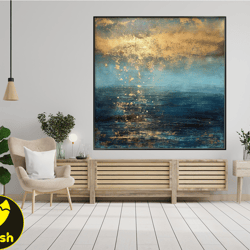 Original Large Blue Ocean Oil Painting On Canvas,Acrylic Seascape Wall Art,Modern Beach For Living, Gold Plated Sunset,