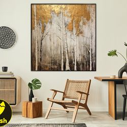 Birch Tree Original WhiteGold Fancy Texture On Canvas Wall Art Painting,Original Landscape Painting, Wall Decor Living R