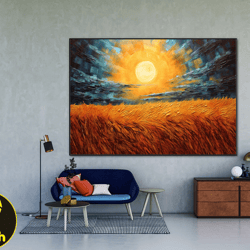 original sunset in wheat field on canvas wall art painting, abstract sunset painting minimalist, unique home decor, livi