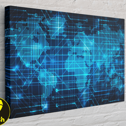 blue neon light digital map canvas, canvas wall art canvas design, home decor ready to hang