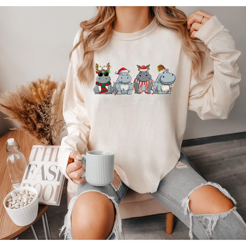 Hippopotamus Christmas Sweatshirt, Retro Hippo Christmas Light Comfort Colors Shirt, Hippo Lover Xmas Gift, Hippo Christmas Kids Crewneck.jpg