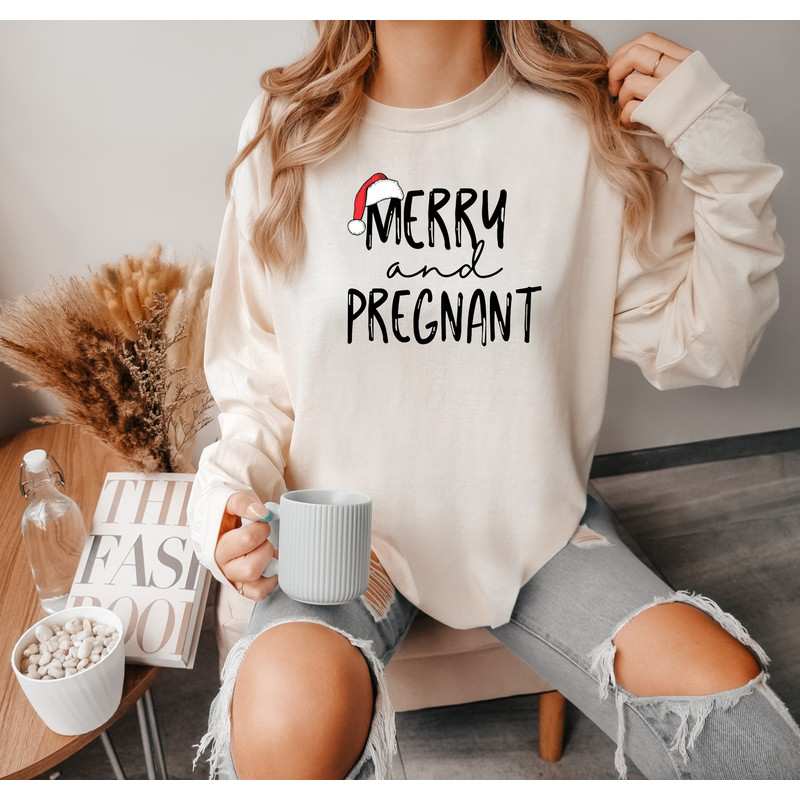 Merry and Pregnant Comfort colors Shirt, Pregnancy Announcement Shirt, Pregnant Christmas Shirt, Funny Pregnant Shirt, Christmas Gift For te.jpg