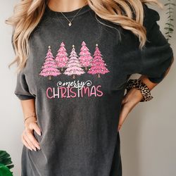 pink tree christmas comfort colors shirt, women christmas shirt, pink christmas treehirt s