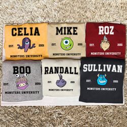 disney monsters university inc characters group shirt, mike, roz, randall boggs, celia mae