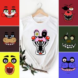 five nights at freddy face characters group shirt, freddy, glamrock chica, vanny, nightmar