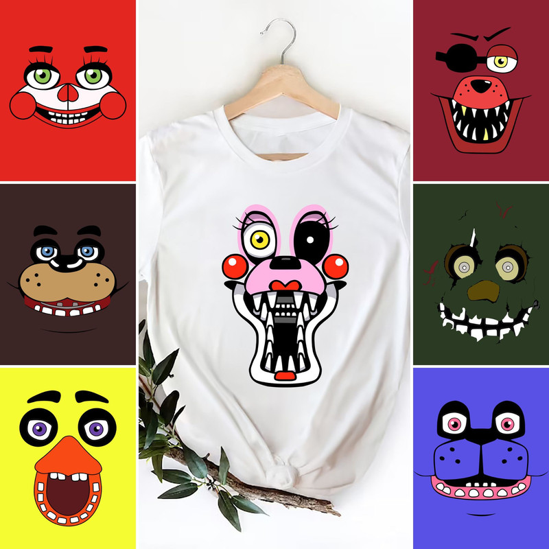 Five Nights at Freddy Face Characters Group Shirt, Freddy, Glamrock Chica, Vanny, Nightmare Animatronics, Halloween Costumes.jpg