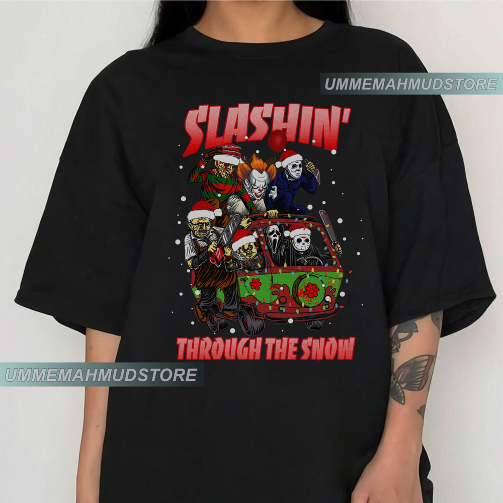 Horror Guys Christmas Shirt, Slashin Through the Snow, Goth Christmas, Ghost Face, Freddy, Jason, Michael Myers, Holiday Tee.jpg