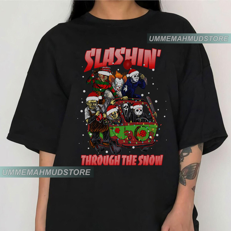 Horror Guys Christmas Shirt, Slashin Through the Snow, Goth Christmas, Ghost Face, Freddy, Jason, Michael Myers, Holiday Tee.jpg