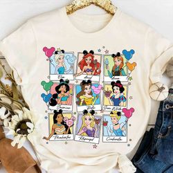 cute disney princess all characters group take photos retro shirt, magic kingdom unisex t-