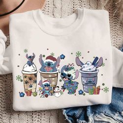 cute lilo, stitch coffee tea sweater, disney santa stitch xmas latte drink cup lights tee