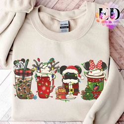 cute mickey minnie christmas light coffee tea sweatshirt, disney latte drink cup epcot xma