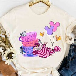 disney alice in wonderland cheshire cat mickey ears balloon tea cup shirt, magic kingdom u