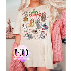 disney dog characters group merry christmas light t-shirt, goofy pluto oliver lady and the