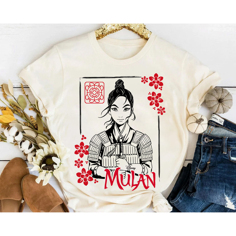 Disney Mulan Movie Floral Ink Portrait Retro Shirt, Magic Kingdom WDW Holiday Unisex T-shirt Family Birthday Gift Adult Kid Toddler Tee.jpg