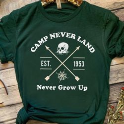 disney peter pan camp never land est. 1953 never grow up shirt, magic kingdom trip unisex