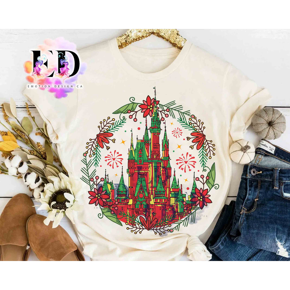 Disney Princess Castle Floral Magic Kingdom Christmas T-shirt, Mickey's Very Merry Xmas Light Matching Tee, Disneyland Vacation Family Gift.jpg