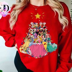 disney princess characters group christmas tree light t-shirt, belle rapunzel ariel cinder