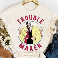 disney villains cruella de vil trouble maker retro t-shirt, 101 dalmatians group tee, magi