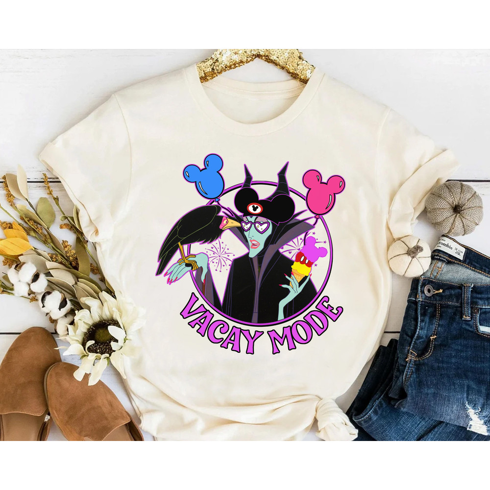 Disney Villains Maleficent With Mickey Balloon Vacay Mode Retro T-Shirt, Sleeping Beauty Tee, Magic Kingdom Disneyland Family Holiday Gift.jpg