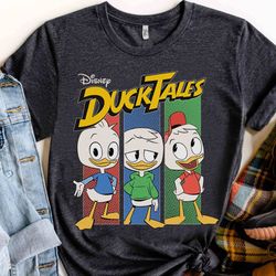 funny dewey huey, louie vertical panels logo t-shirt, disney ducktales scrooge mcduck don