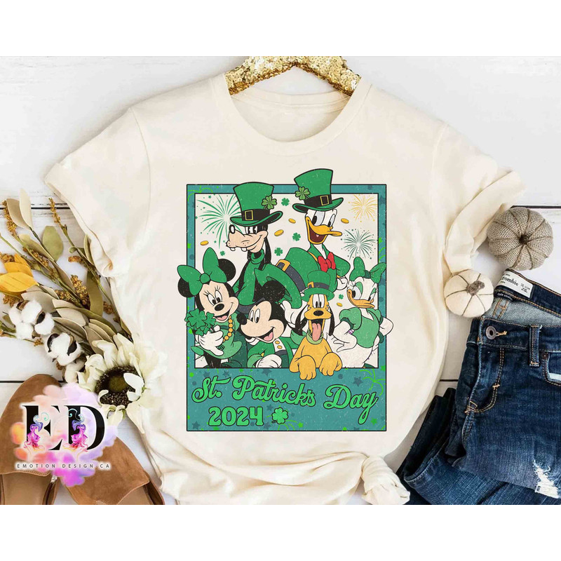 Mickey And Friends Shamrock St Patrick's Day 2024 Photo Retro T-shirt, Disney Happy Saint Patricks Tee, Disneyland Family Vacation Trip Gift.jpg