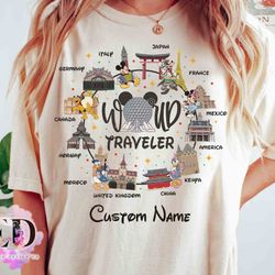 personalized disney epcot center world traveler vintage t-shirt, custom mickey and friends
