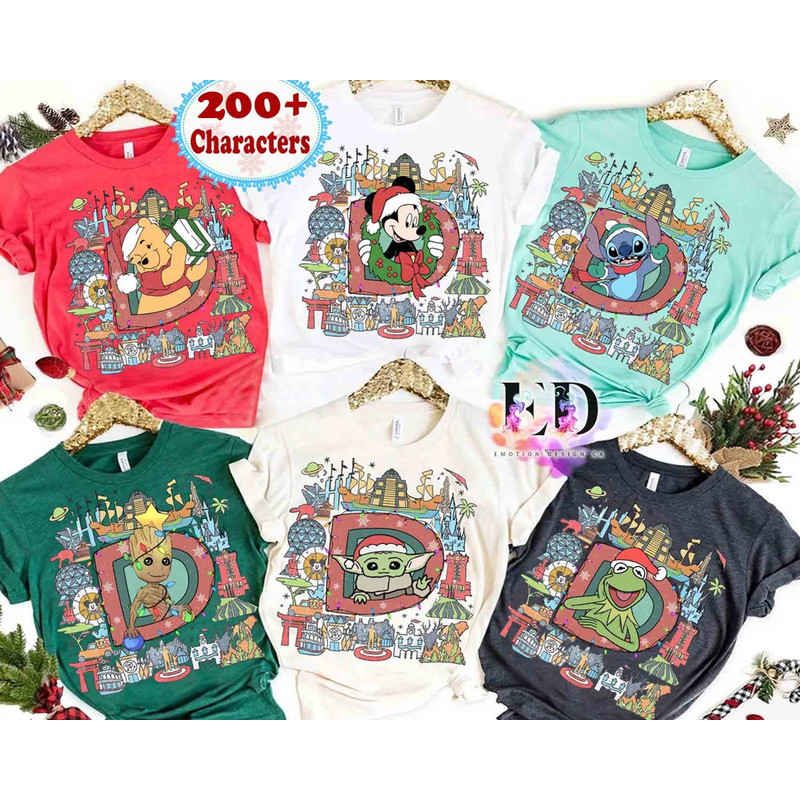 Personalized Disney Family Characters Christmas Matching T-shirt, Custom Name Family Xmas Tee, Customized Name Santa Christmas Light Sweater.jpg