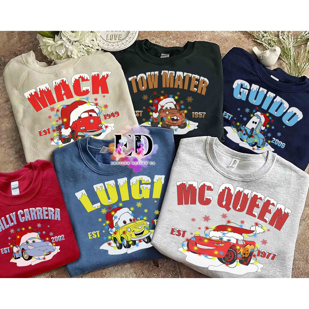 Pixar Cars Characters Group Christmas Custom Shirt, Disney Santa Lightning MC Queen Tow Mater Xmas Tee, Mickey's Very Merry Disneyland Gift.jpg