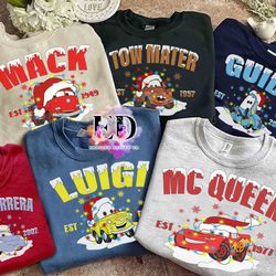 pixar cars characters group christmas custom shirt, disney santa lightning mc queen tow ma