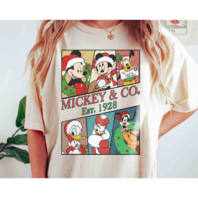 Retro 90s Mickey and Co EST 1928 Christmas Vintage T-shirt, Mickey's Very Merry Xmas Matching Tee, Disneyland Vacation Holiday Party Gift.jpg
