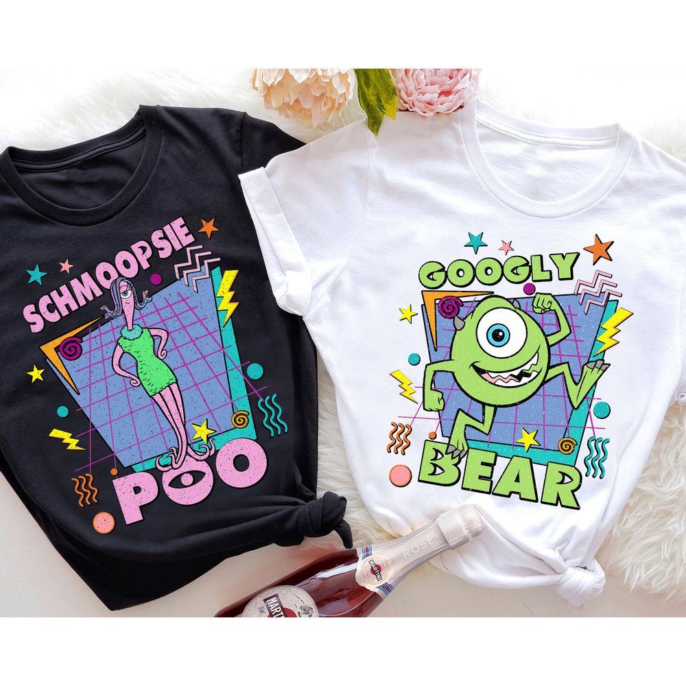 Retro 90s Pixar Monsters Inc Mike Wazowski Googly Bear and Celia Schmoopsie Poo T-shirt, Disney Couples Matching Tee, Disneyland Valentine.jpg