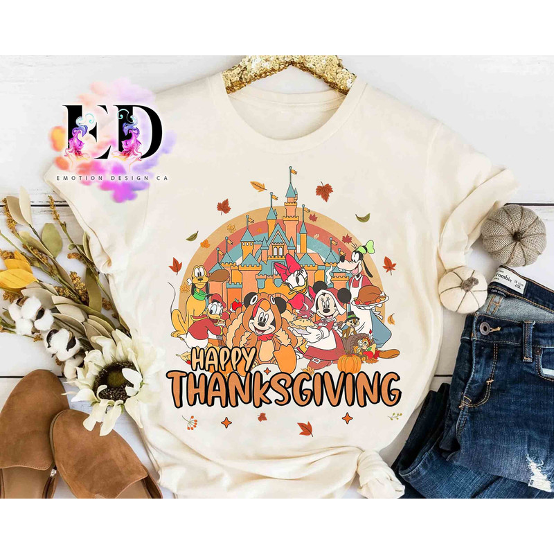 Vintage Cute Mickey And Friends Happy Thanksgiving Rainbow Maple Leaves Shirt, Disney Fall Vibes Tee, Disneyland Fall Autumn Trip Gift.jpg