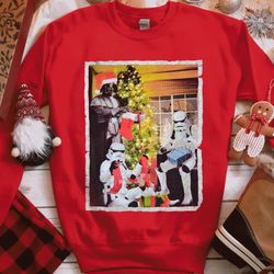 vintage darth vader merry christmas with stormtroopers t-shirt, funny star wars xmas light