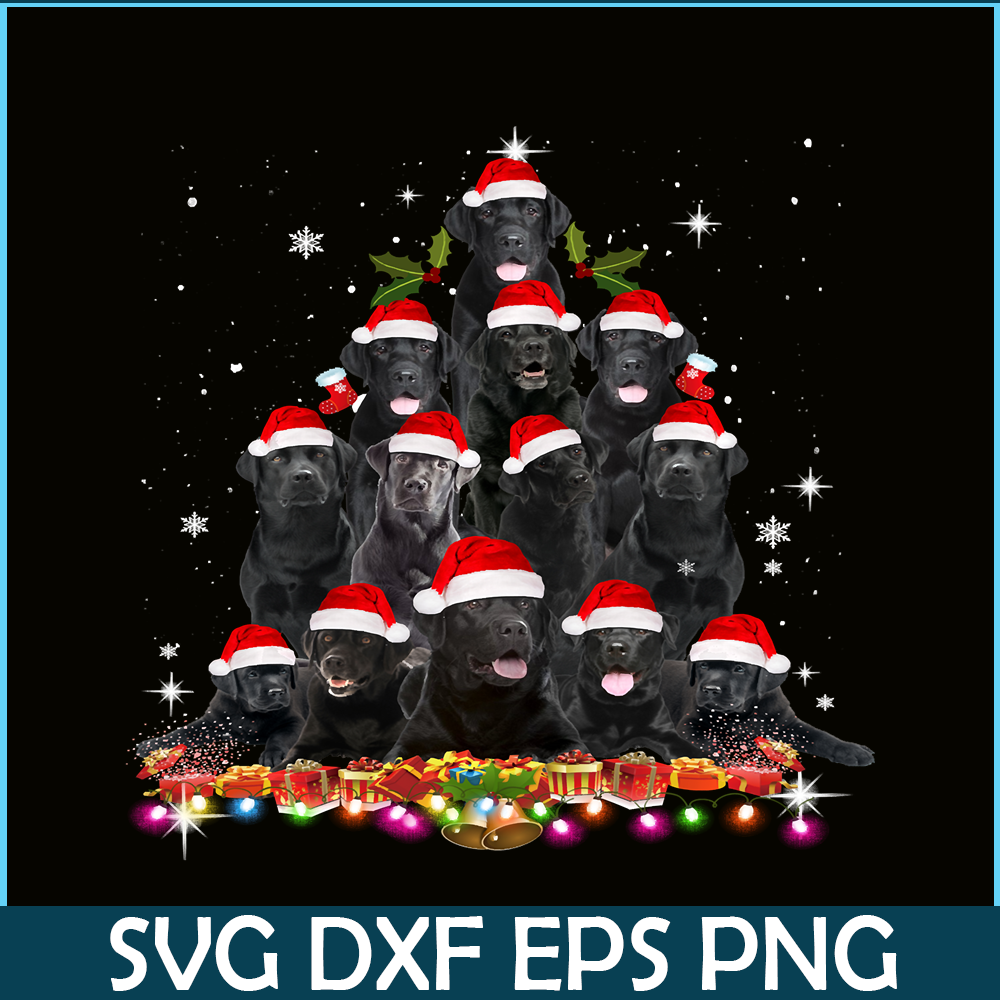 PNG141023102-Black Lab Christmas Tree Dog Santa Xmas Tee Funny Pajamas Long Sleeve T-Shirt Png.png