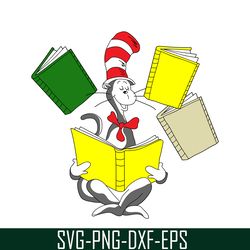 the cat reading books svg, dr seuss svg, cat in the hat svg ds205122362