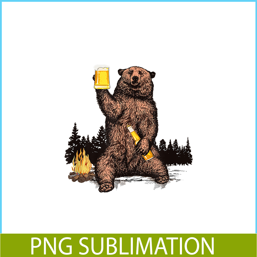 BEER28102304-Bear Drinking Beer PNG Camp Fire Woods Outdoor PNG Funny Grizzly PNG.png
