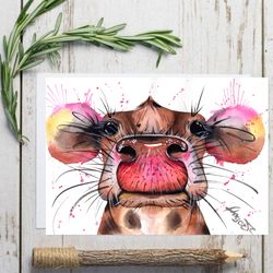 Original watercolor painting watercolor cow drawing home decor animals art wall decor handmade by Anne Gorywine