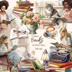 watercolor books clipart. book lover reading set png. bookworm library clip art