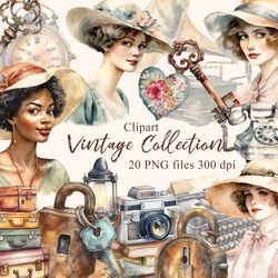 vintage clipart. watercolor old fashioned retro item collection set png. vintage scrapbooking decor png clip art