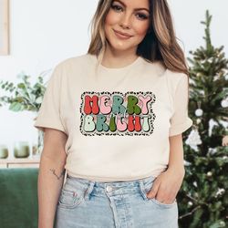 merry and bright shirt womens christmas shirt leopard christmas shirt holiday retro shirts merry christmas shirts gifts