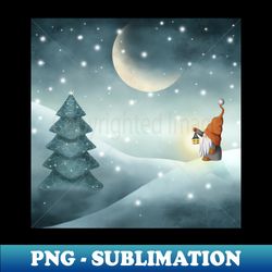 Scandinavian gnome on winter landscape watercolor illustration Nordic tomte gnome with Christmas tree Moonlight snow forest - Aesthetic Sublimation Digital File - Capture Imagination with Every Detail