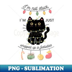 Funny Christmas Cat Wrapped in Lights Festive Feline - Vintage Sublimation PNG Download - Vibrant and Eye-Catching Typography